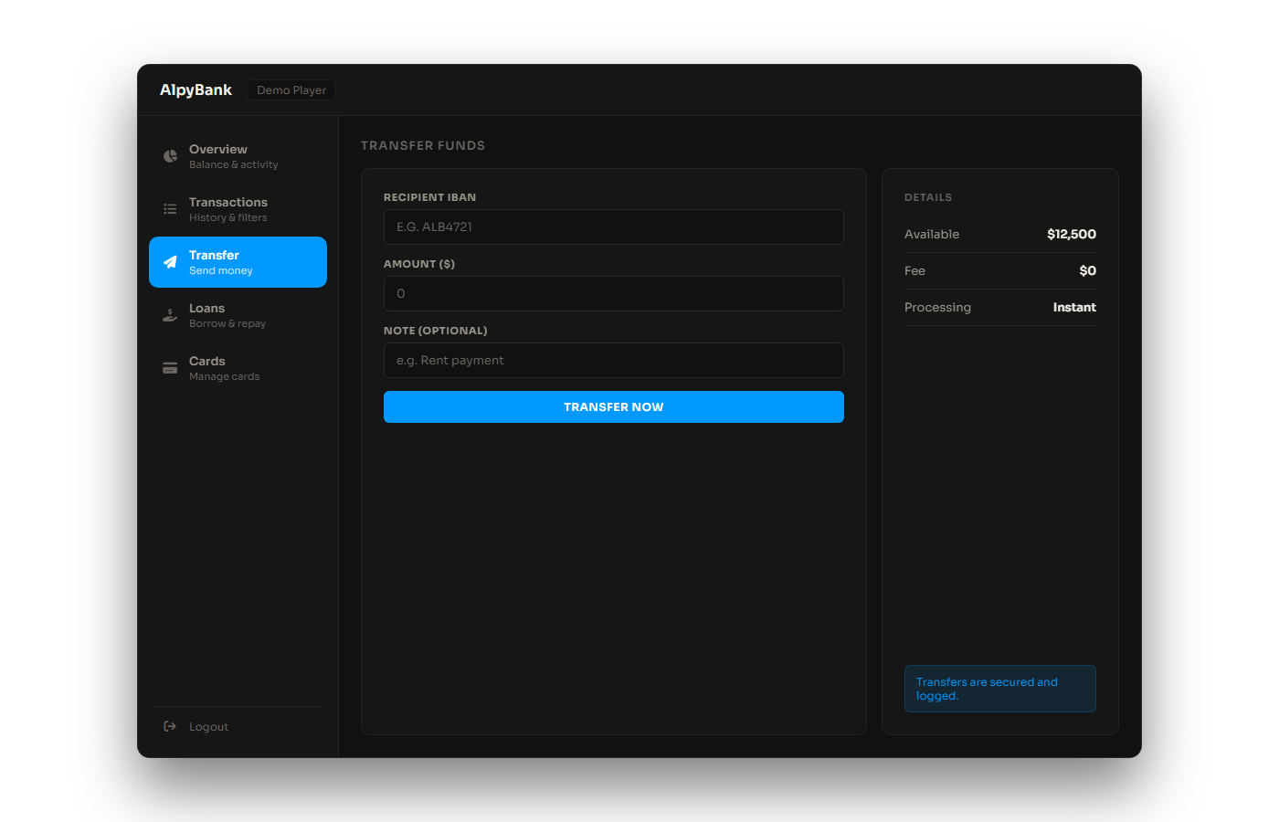 Alpy Banking transfer screen