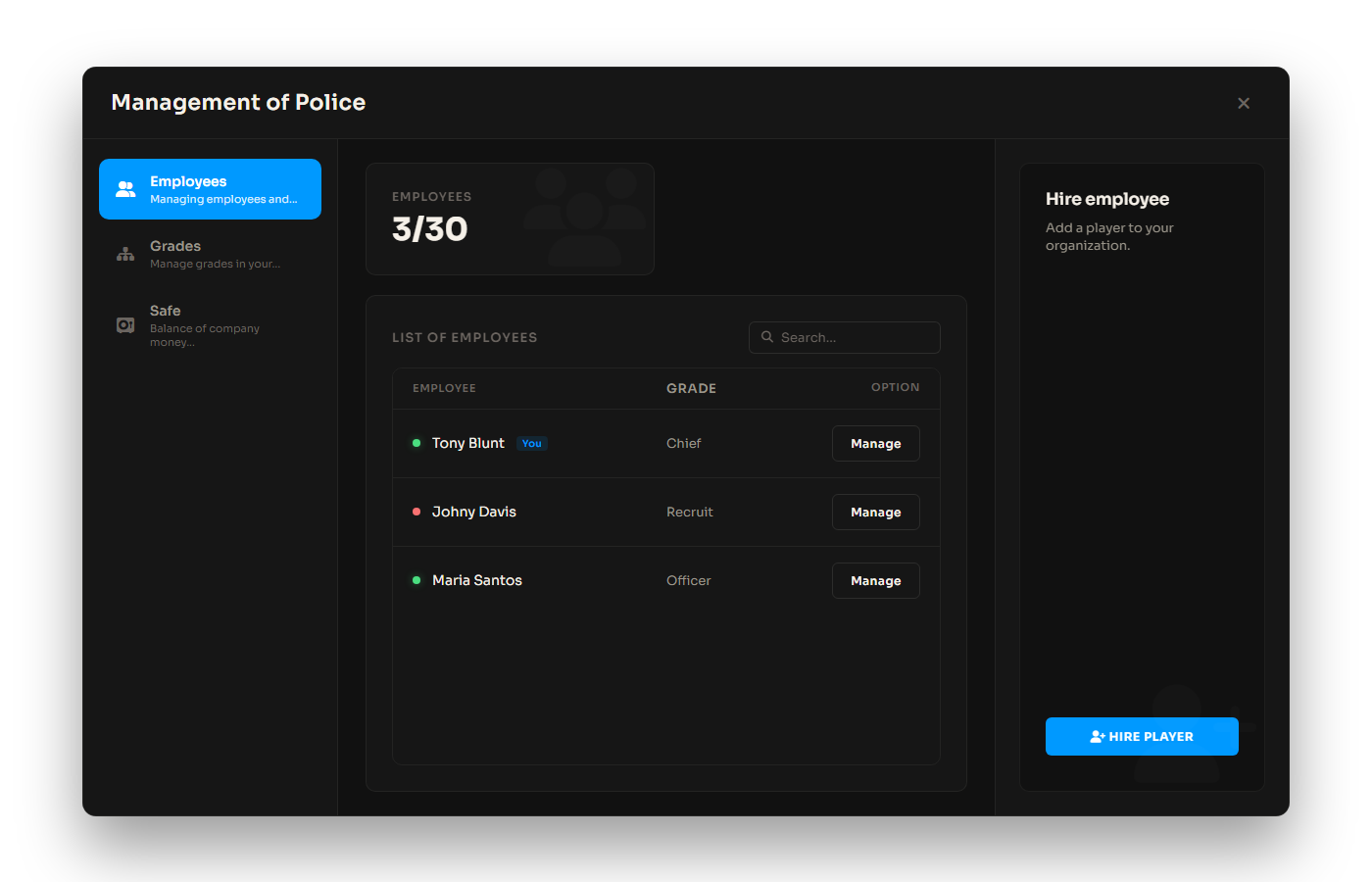 Alpy Boss Menu employees page