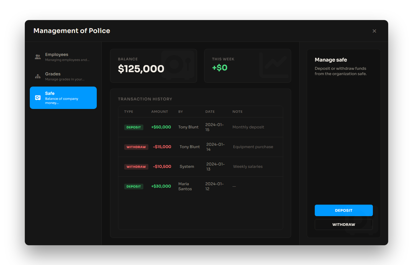 Alpy Boss Menu safe and transactions