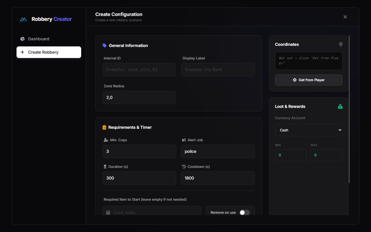 Alpy Robbery create configuration form