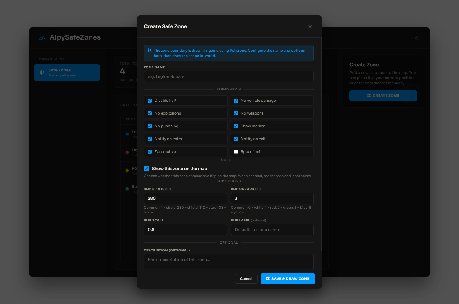 Alpy SafeZones permissions and blip options